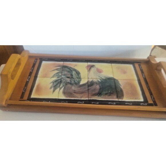 Vintage Handled Wooden Tray with Ceramic Tile Inlaid Rooster Artist Signed - Picture 10 of 13